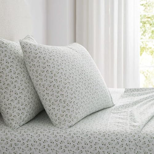 Image of Martha Stewart - Full Size Sheet Set, Crisp & Tailored Bedding with a Smooth Cotton Percale Feel, Deep Pocket, Bed Sheets with Matching Pillowcases & Fitted Sheet (Kennedy Floral Green)