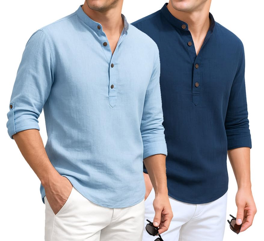 Image of DEELMO Combo of Men's Cotton Blend Solid Regular Fit Full Sleeve Short Kurta | Men's Trendy Short Kurta Pack of 2