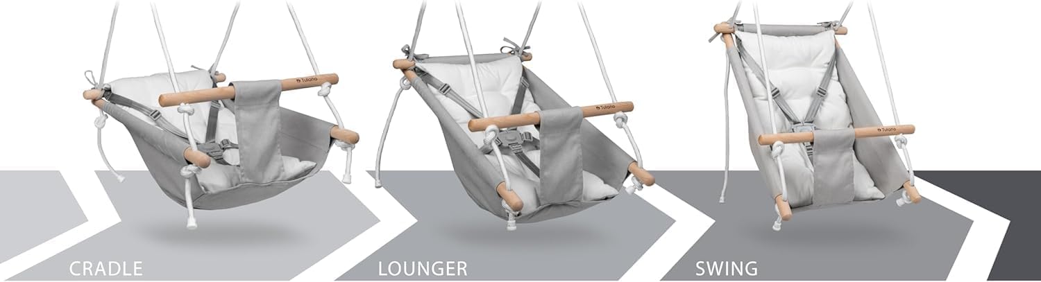Tulano Hop 40 3in1 Babyschaukel – Mitwachsend durch Sitz - 6–36 Monate | und Liegefunktion - 5-Punkt Sicherheitsgurt - Wendekissen - Ideal für Zuhause und draußen - Belastbar bis 36 kg - Grau