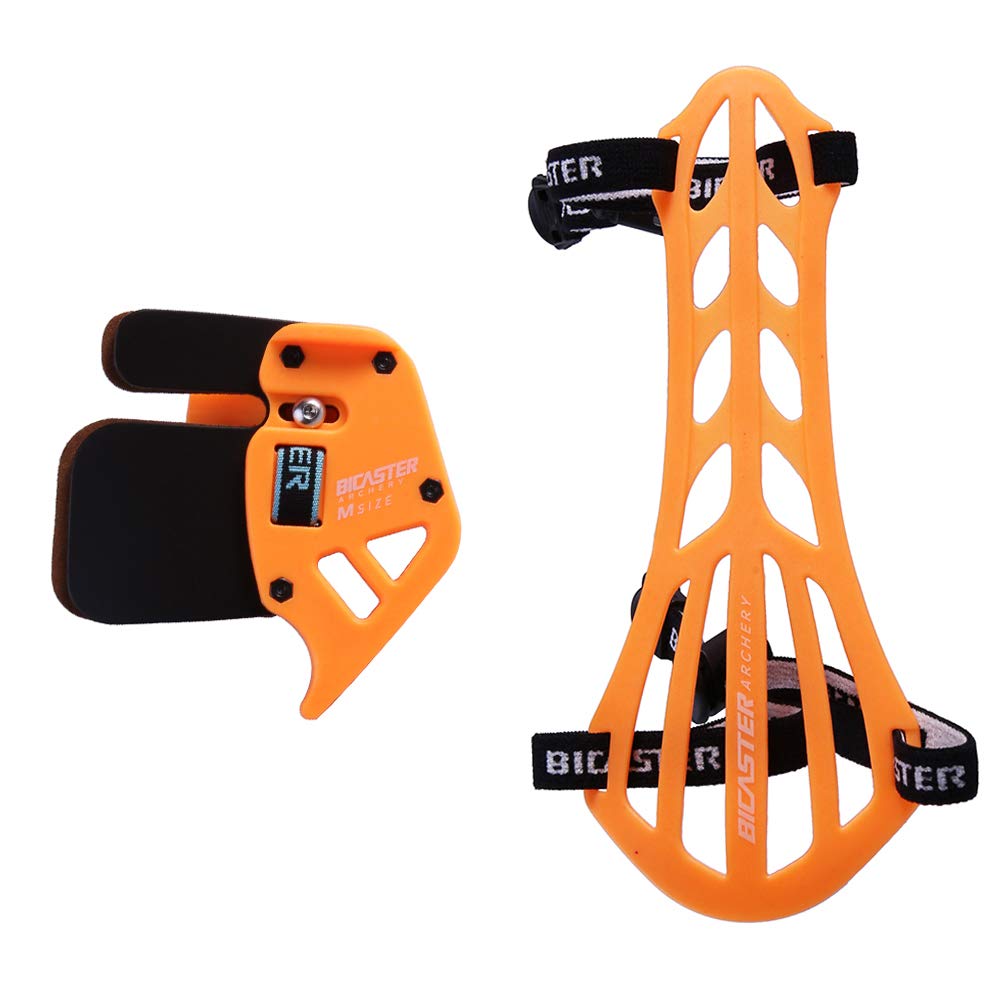 BICASTER Archery Finger Tab Guard (RH) + Arm Guard Set for Tradition Bow Recurve Bow Protective Gear (Orange, Medium)