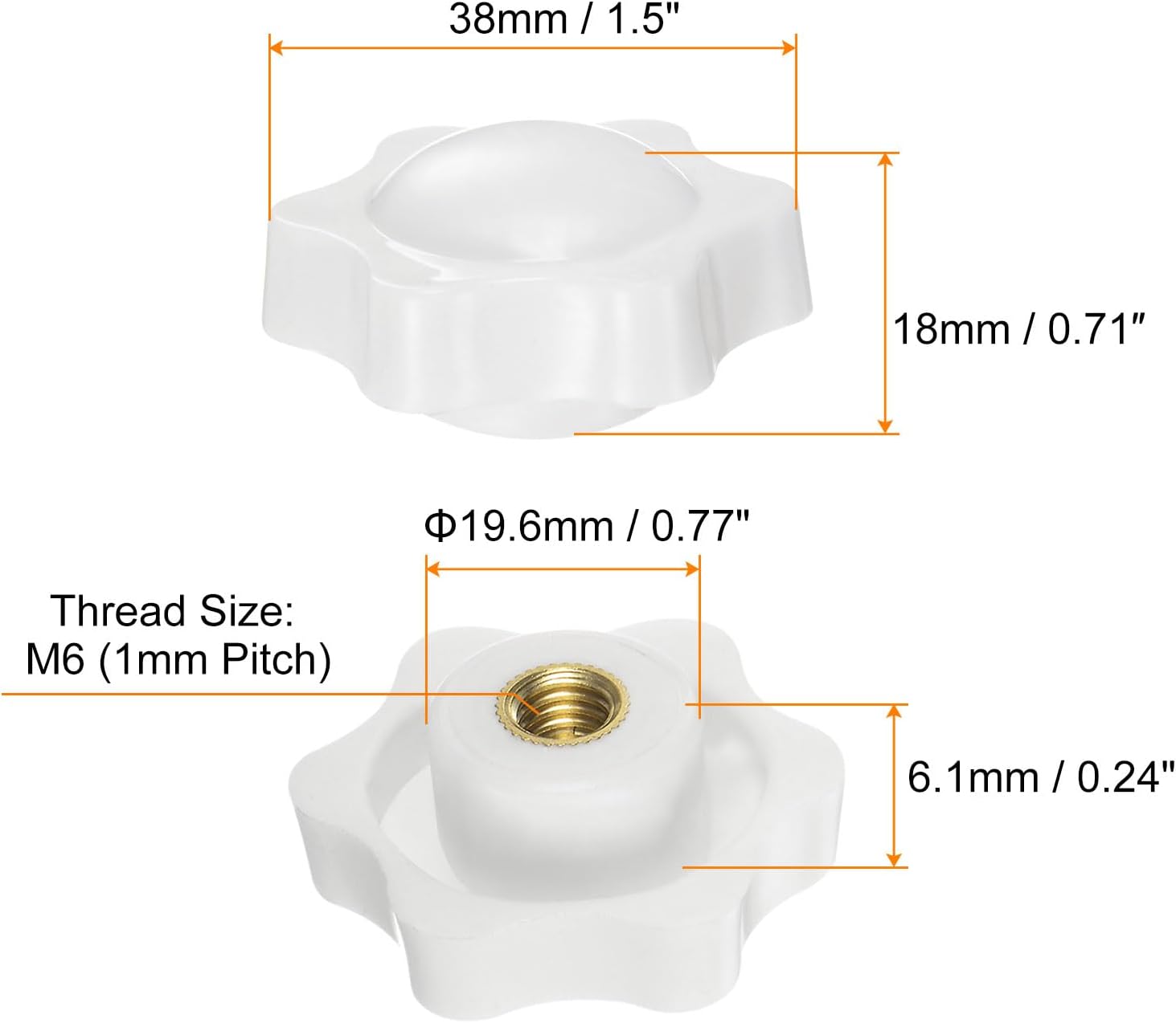 HARFINGTON 6pcs Star Knobs M6 Female Thread 38mm 6-Point Plastic Head Brass Insert Non-Through Hole Screw-in Threaded Hand Knob Clamping Handle, White