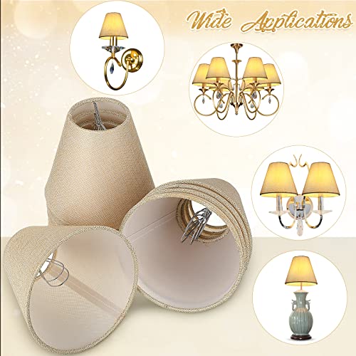Image of Set of 10 Small Lamp Shade Chandelier Shades Burlap Clip on Lamp Shade 3 inch x 6 inch x 5 inch Rustic Barrel Fabric Lampshade Cover for Table Chandelier Wall Lamp (Beige)