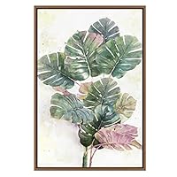 SIGNWIN Framed Canvas Wall Art Pink and Green Tropical Leaves Botanical Plants Watercolor Minimalism Modern Relax/Calm Pastel for Living Room, Bedroom, Office - 16