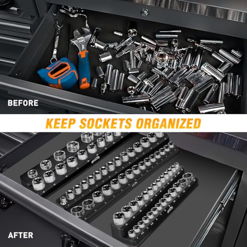 Image of GOOACC 3 PCS Magnetic Socket Organizer Set, Heavy Duty Metric Socket Organizer Tray 1 /4 inch 3 /8 inch 1 /2 inch Impact Drive Sockets Holds 75, Magnetic Socket Holder for Tool Box Drawer Chest Garage Storage,Black