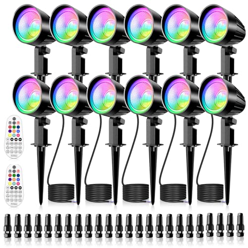MEIKEE 15W RGBW Low Voltage Landscape Lights, 12-24V LED Landscape Lighting, Timer and Memory Dimmable Color Changing Outdoor Spotlights with Remote for Garden Path Christmas Halloween 12 Pack