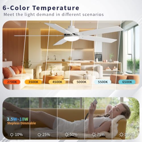 Image of 52 Inch Ceiling Fans with Lights and Remote for Bedroom Living Room Kitchen Home Office Indoor /Outdoor, 18W 3CCT Dimmable, Dual Color 5 Blades 6 Speed Reversible Quiet DC Motor, White /Wood Grain
