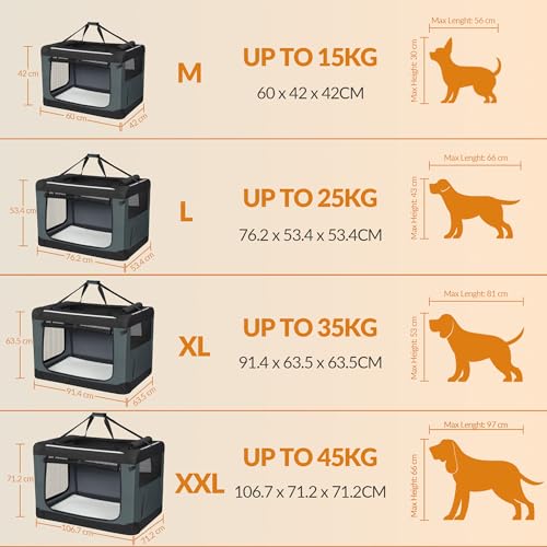 Fobyfurny Hundebox Faltbar, Hundetransportbox Tragbare mit 3-Türen, 60 x 42 x 42 cm, Transportbox Hund Atmungsaktiv, Reflektierenden Verzierungen und Taschen, Oxford-Gewebe, Grau, FPDT001OG1