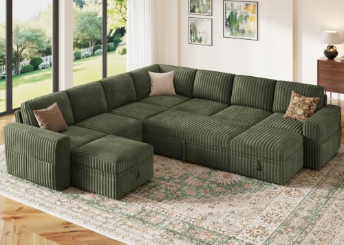 Image of HONBAY Modular Sectional Sleeper Sofa with Pull Out Bed Oversized Corduroy L Shaped Sofa Bed with Storage Couches for Living Room,Green