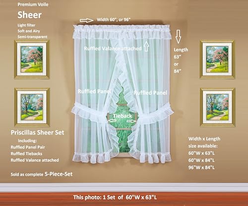 Image of Today's Curtain, Emelia Priscilla Sheer Pair 96 inch W x 84 inch L, White, 5-Piece-Set