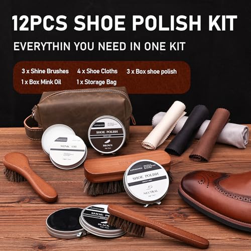 RAPSAKEMOH 12Pcs Shoe Polish Kit, Horsehair Brush Shoe Shine Kit For men, Shoes Boots Care Brushes Polish Kit, 3 horse hair brush for leather, Nature Brown Black Mink Oil for Shoes,4x Shoe Cloth - Thumbnail 2