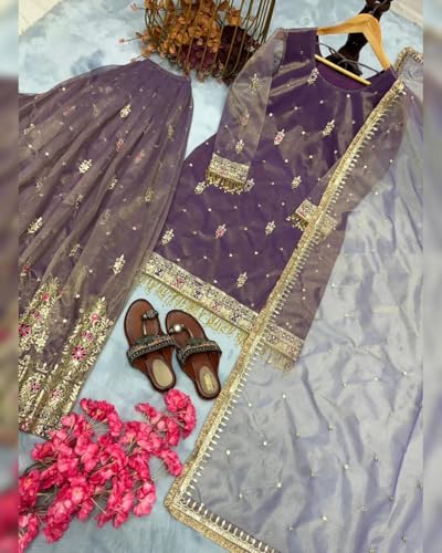 Image of Shishkala Purple Net Embroidered Sharara Suit with Dupatta | Ethic | dress | wedding | party | comfortable | heavy