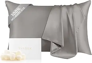 THXSILK Silk Pillowcase for Hair and Skin, 100% Mulberry Silk Bed Pillowcase with Hidden Zipper, Grade 6A+ Silk Soft Breathable Smooth, King Pillow Case (Grey)