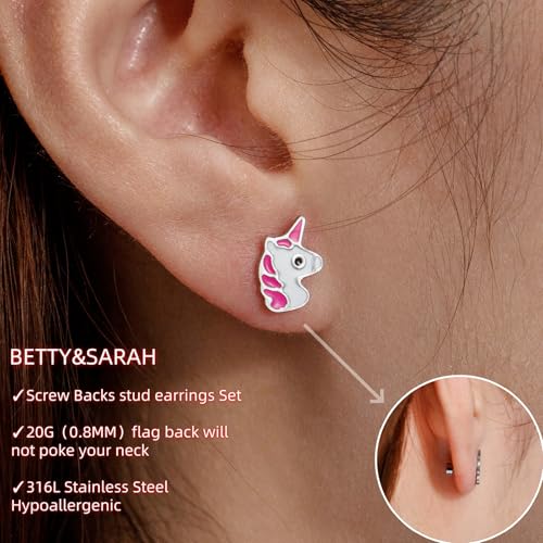 16 Pairs Hypoallergenic Screw Back Earrings for Women Girls 316L Stainless Steel Unicorn Butterfly Strawberry Cherry Flat Back Stud Earrings Jewelry Gift3