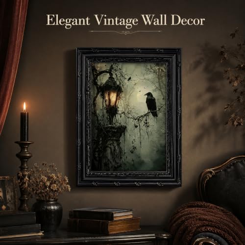 Black Framed Wall Art Gothic Raven Canvas Print Halloween Spooky Raven Crow Lantern Decor Picture Moody Dark Academia Artwork for Living Room Bedroom 12x16 inch - image 2