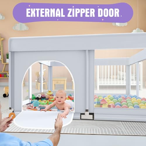 Image of Baby Playpen with Mat 74x50 in PlayPen for Babies and Toddlers, Large Play Yards for Indoor & Outdoor with Zipper Gates, Breathable Mesh