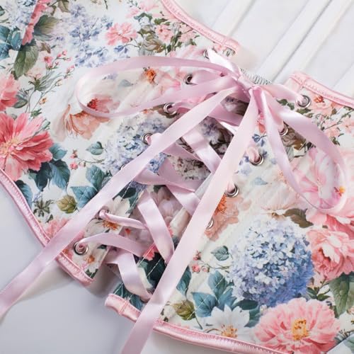 Image of Scarlet Darkness Women's Underbust Corset Top Renaissance Medieval Lace-up Boned Fairycore Pirate Corsets White Pink Floral Size 16