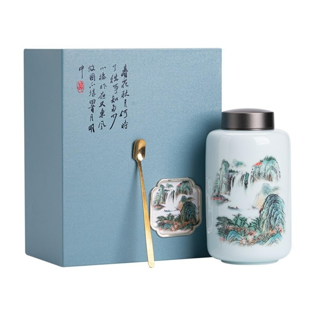 Lata de té Tanque de Almacenamiento té Grande cerámica con Pintura Tinta, Tanque Sellado en Espiral aleación, Caja Regalo Simple y Doble Carrito de té(Single Can Gift Box)