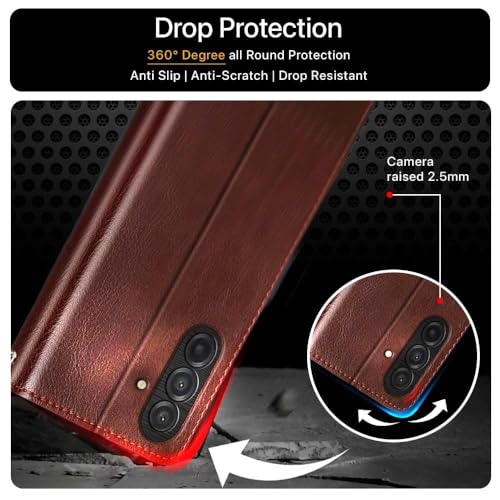 Image of FLIPPED Vegan Leather Flip Case Back Cover for Samsung Galaxy M17 5G | A17 5G | F17 5G (Flexible, Shock Proof | Hand Stitched Leather Finish | Card Pockets Wallet & Stand | Tan with Brown)