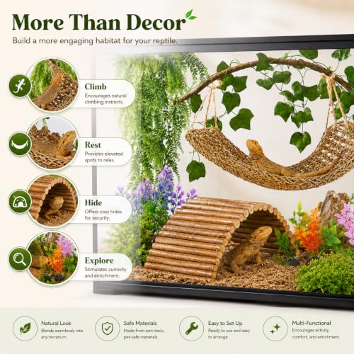 Image of Bearded Dragon Tank Accessories, Reptile Mat Hammock Plants Bridge Jungle Climber Vines Terrarium Decorations for Leopard Gecko, Hermit Crab Lizard Snake (9 PCS Without Reptile Mat)