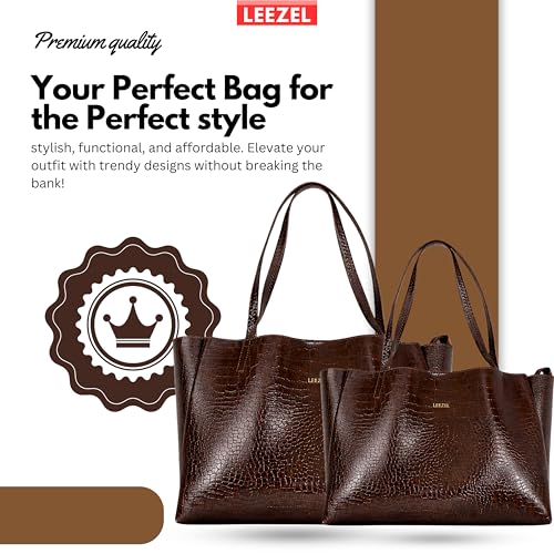 Image of LEEZEL Women's Structured Tote Bag - Large Capacity Work & Travel Purse Croco Pattern Vegan Leather Stylish Tote Bag Classic Everyday Shoulder Bag