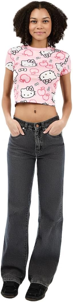 Hello Kitty Character Heads All-Over Print Women's Pink Crew Neck Short Sleeve Baby Tee - Image 6