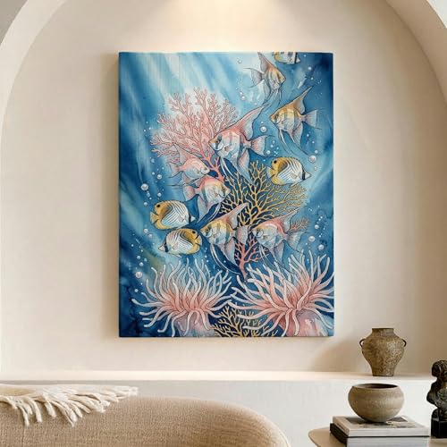 Toile murale abstraite de poissons et coraux bleus 30x40 cm pour la décoration de salon