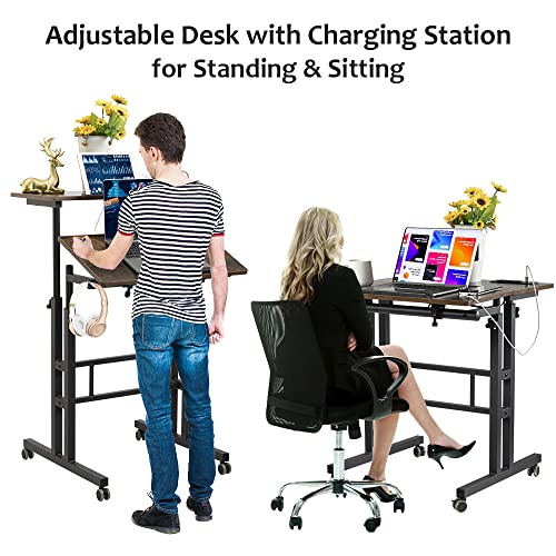 Image of Hadulcet Mobile Standing Desk with Wheels, Rolling Desk Adjustable Height, Portable Laptop Table with Charging Station, Sit Stand up for Home Office, Study, Classroom, Rustic Brown