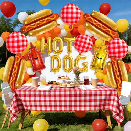 Hot Dog Balloon Garland Arch Kit Fast Food Snacks Picnic Burger BBQ Decorations with Banner Picnic Tablecloth Foil and Latex Balloons for Kids Baby Q Baby Shower Party Decor