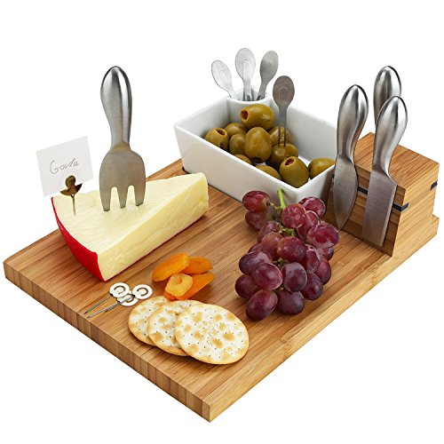 Picnic at Ascot Personalized Engraved Bamboo Cheese Board with Knife Set, Ceramic Bowl, Cocktail Sticks & Cheese Markers- Designed & Quality Checked USA