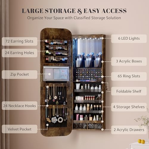 Image of Vlsrka 47.2 inch Wall /Door Mounted Jewelry Cabinet Organizer Armoire W /Mirror | 6 LEDs, Over The Door Hanging Jewelry Organizer with Rounded Corner Mirror, Lockable Full Length Mirror with Storage, Brown