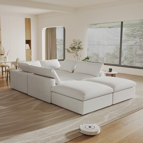 Image of WJShome Cloud Modular Sectional Sofa Couch with 2 Storage Ottomans,160.6 inch U Shaped Couch,Minimalist Wide Deep Seat Convertible Couches for LivingRoom, Covers Washable&Replaceable,White