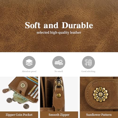Image of Wallet Women,RFID Blocking Womens Wallet,Leather Bifold Compact Small Wallet for Women Card Holder with Zip Coin Pocket(apricotbrown)