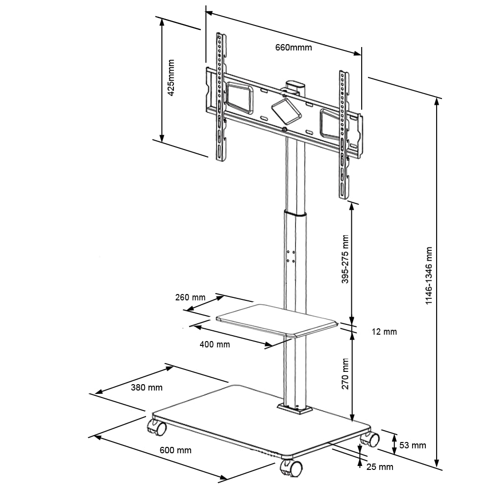 Delphos mobiler TV Ständer mit Ablage, TV ca. 32-70 Zoll / 45 kg, viele VESA-Größen, Höhe variabel montierbar bis ca. 130 cm, schwarz, TV-Standfuss, XTR-FS4010