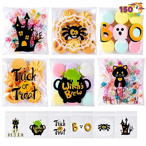 Image of JOYIN 150 PCS Halloween Cellophane Treat Bags, Self Adhesive Clear Cookie and Candy Bags for Kids Trick or Treating, Small Goodie Gift Ziplock Bag Bulk for Halloween Party Favors Supplies in 6 Designs