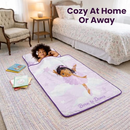 Image of EVERYDAY KIDS Toddler Nap Mat with Removable Pillow - Born to Dance African American Ballerina - Carry Handle with Straps Closure, Rollup Design for Preschool, Daycare, Sleeping Bag - Ages 2-6 Years