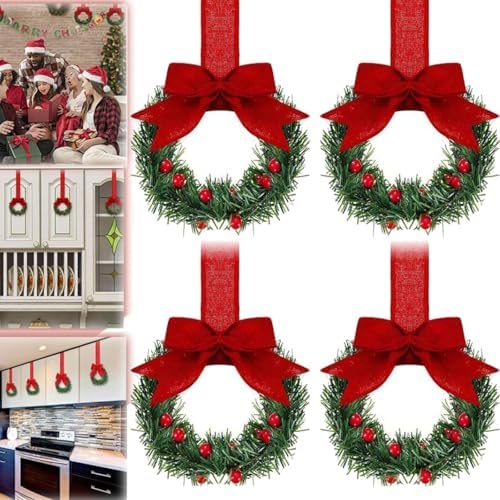 Small Christmas Wreath, 4PCS Mini Wreaths for Kitchen with Red