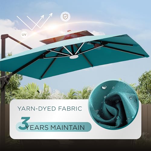 Image of 10' X 13' Patio Umbrella with Weighted Base and LED Lights Outdoor Cantilever Large Rectangle Offset Umbrellas Heavy Duty Aluminum Double Top with 360-degree Rotation for Pool Garden Deck, Turquoise