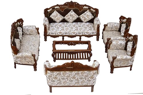 Image of Wooden 10 Seater Sofa Set 3+3+2+1+1 Solid Wood Hand-Carved White Brown Traditional Design Furniture for Living Room Home Office Seating