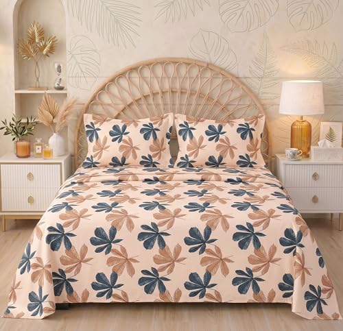 Image of HOMEKART Floral Printed King Size Cotton Bedsheet with 2 Pillow Covers | Luxury Double Bed Bedding Set 86x88 Inches | Ultra Soft, Breathable & Wrinkle Resistant & Home Decor (Desert Beige Floral)