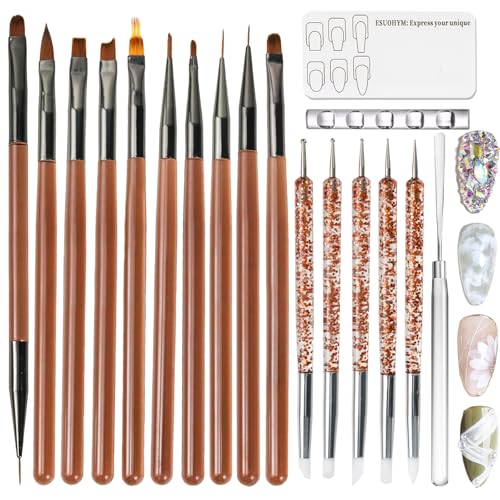 ESUOHYM 18 PCS Nail Art Brushes Set for Painting Practice Design Nails French Tips Liner Brushes Acrylic Nail Brushes for Nail Extensions Nail Sculpting Pen Dotting Tools Nail Art Tools Home