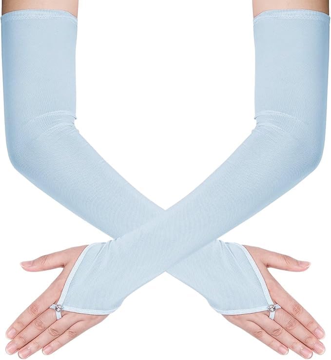 Theaque Women's Long Fingerless Sheer Gloves Tulle Mesh Gloves for Wedding Bridal Opera Party Halloween Costume (Light Blue, One Size)