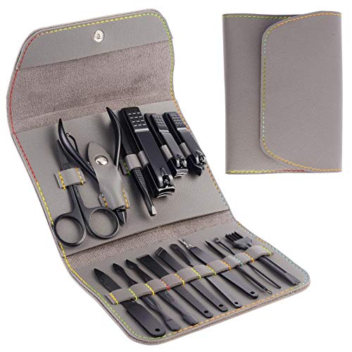 Manicure Set, Stainless Steel Professional Pedicure Kit Nail Scissors Grooming Kit - Portable Travel Nail Manicure/Pedicure Tools kit for Men and Women with PU Leather Case (Grey)