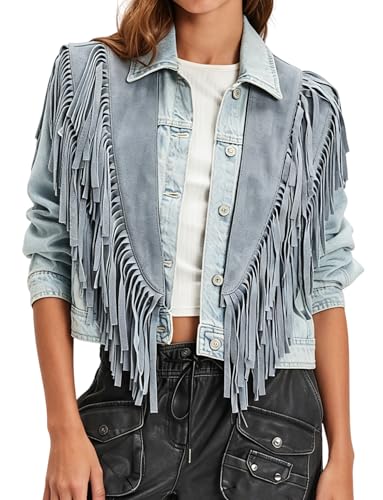 Hedovan Women Studded Fringe Vest Faux Suede Collar Open Front Wrap with Tassels Shawl Fringe Poncho Western Outfits (Basic Blue One Size)