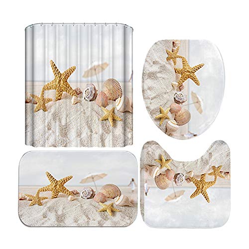 Hankyky Seastar Duschvorhang Set Muscheln Seestern Strand Bad Duschvorhang mit rutschfesten Teppichen Toilettendeckel und Badematte, Stoff Wasserdichtes Badezimmerzubehör Set mit Vorhanghaken – Bild 3