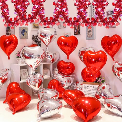 Image of 33 Feet Long Valentine's Day Tinsel Garland Red Heart Tinsel Holiday Decor for Outdoor or Indoor Use, Wedding Birthday Party Supplies Mothers Day Christmas Tree Garland Decorations