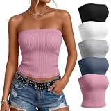 Xaatren 5 Pack Womens Tube Tops Cotton,Large,Black, White, Light Heather Gray, Haze Blue, Dusty Pink