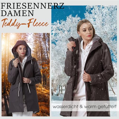 rhythm of the rain Regenjacke Damen mit Warm gefüttert Winterjacke Damen wasserdicht PU Regenmantel Friesennerz übergangsjacke mit Kapuze braun 44