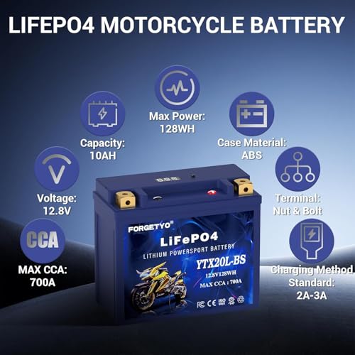 Image of Lithium Motorcycle Battery, Forgetyo YTX20L-BS LiFePO4 Battery, 12V 10AH 700A ATV, UTV, Jet Ski, 4 Wheeler, Snowmobile, Personal Watercraft, Seadoo, Polaris, Generator and Riding Lawn Mower Battery