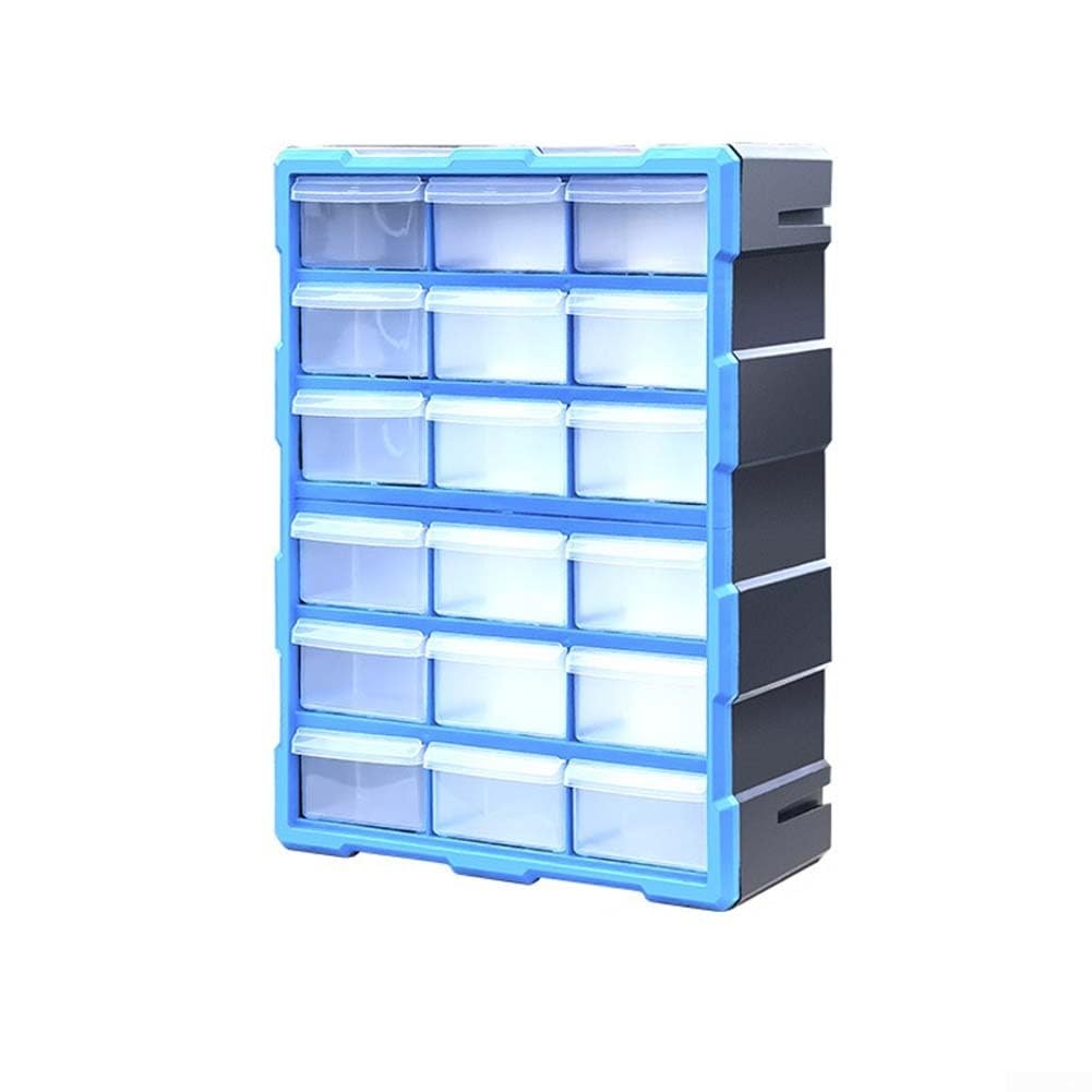 Caja de almacenamiento de plástico para 39 cajones, organizador de piezas transparentes, resistentes, apilables, para taller, garaje, herramientas, clasificación de componentes pequeños (azul de 18