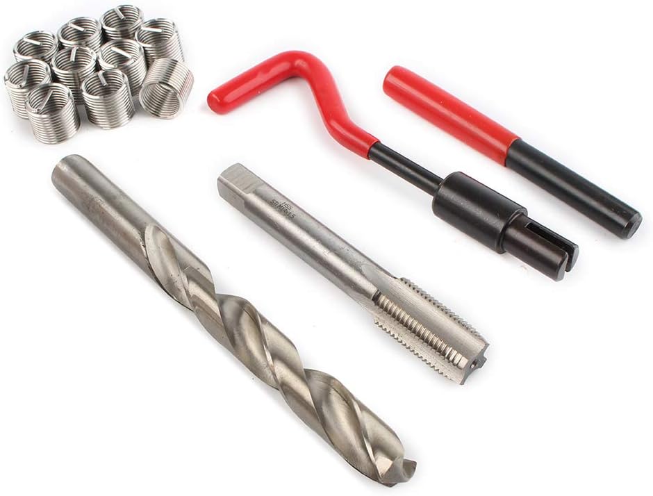 Bacar Metric Thread Repair Tool Kits Drill Bits Taps Threaded Inserts Installation Tool and Tang Break-Off Tool Set for Repairing M14x1.5 Internal Screw Holes, 14pcs